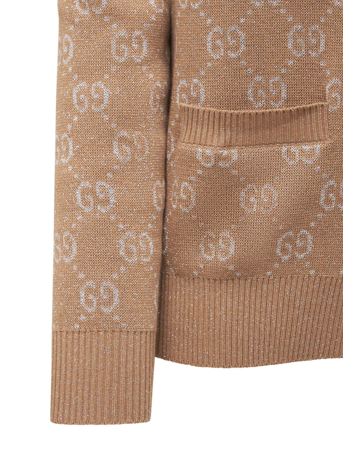 Shop Gucci Logo Jacquard Cotton Blend Cardigan In Camel,gold