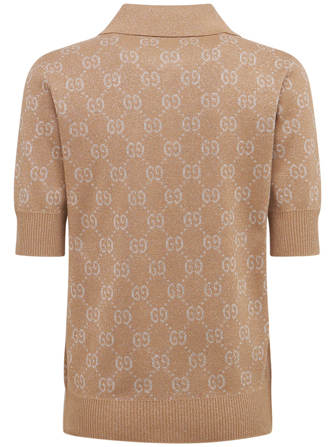 Shop Gucci Cotton Jacquard Lamé Logo Knit Polo Top In Camel,gold