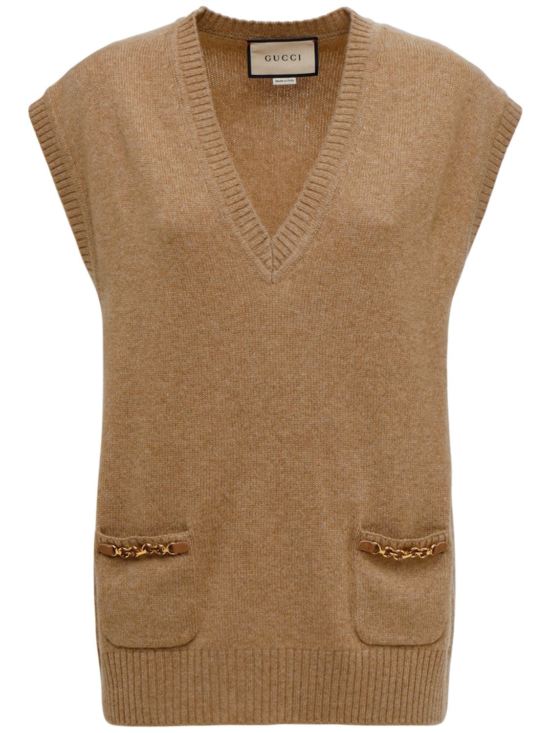 Shop Gucci Cashmere Knit Vest W/ Chain Detail In Camel,mix