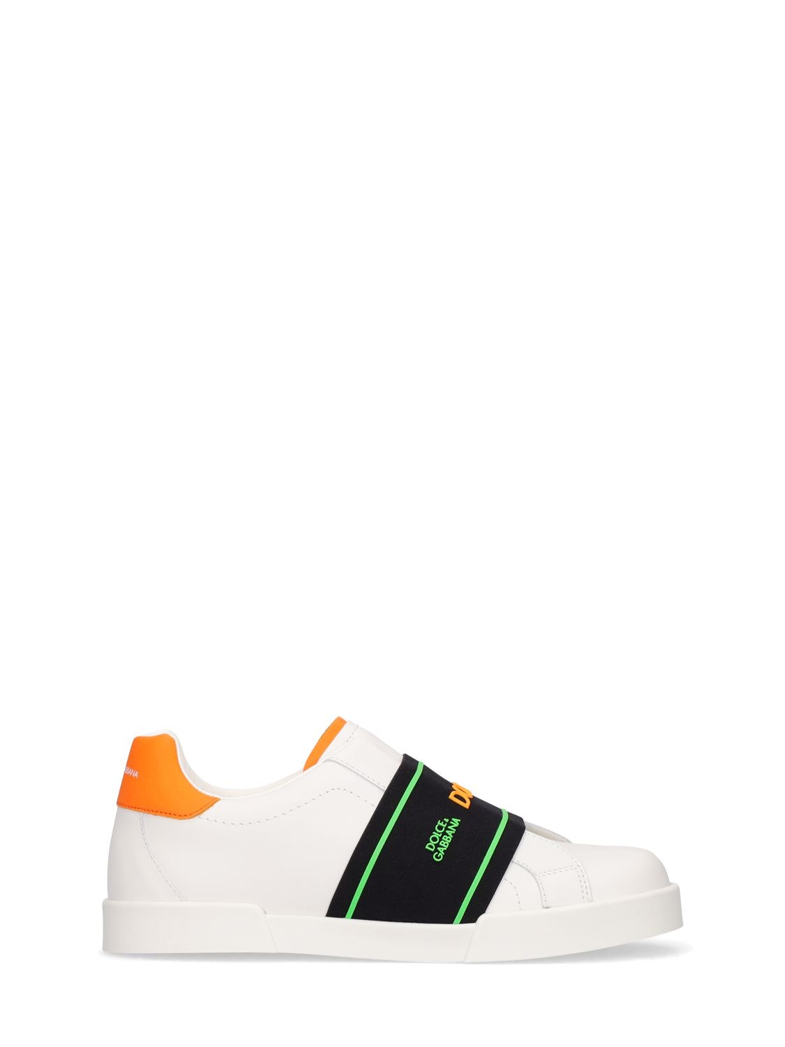 Dolce & Gabbana Kids' Leather Slip-on Sneakers W/ Logo Band In White,multi
