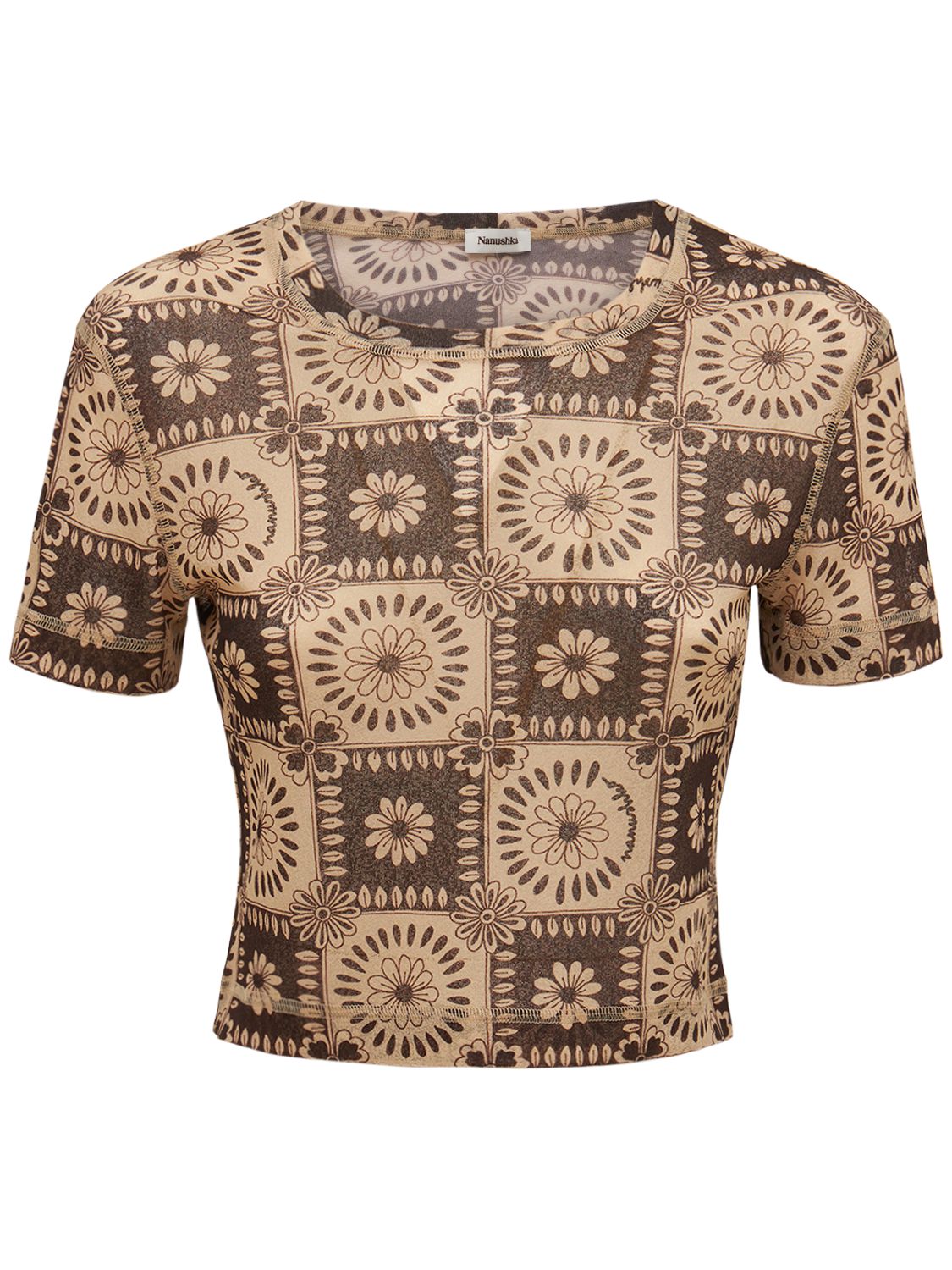 Nanushka Yareli Recycled Mesh Jersey T-shirt In White,brown