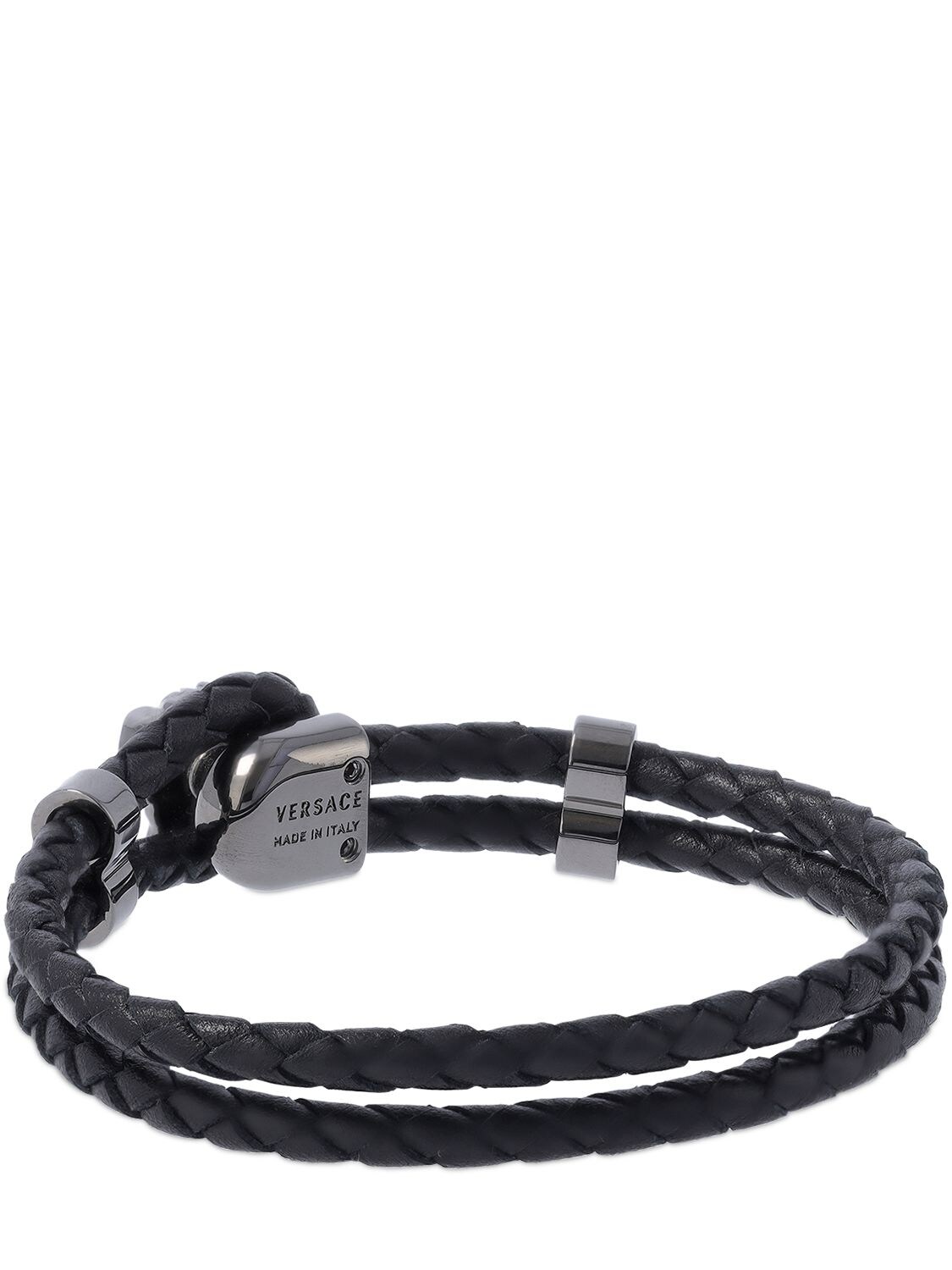 Shop Versace Medusa Logo Double Wire Leather Bracelet In Black,ruthenium