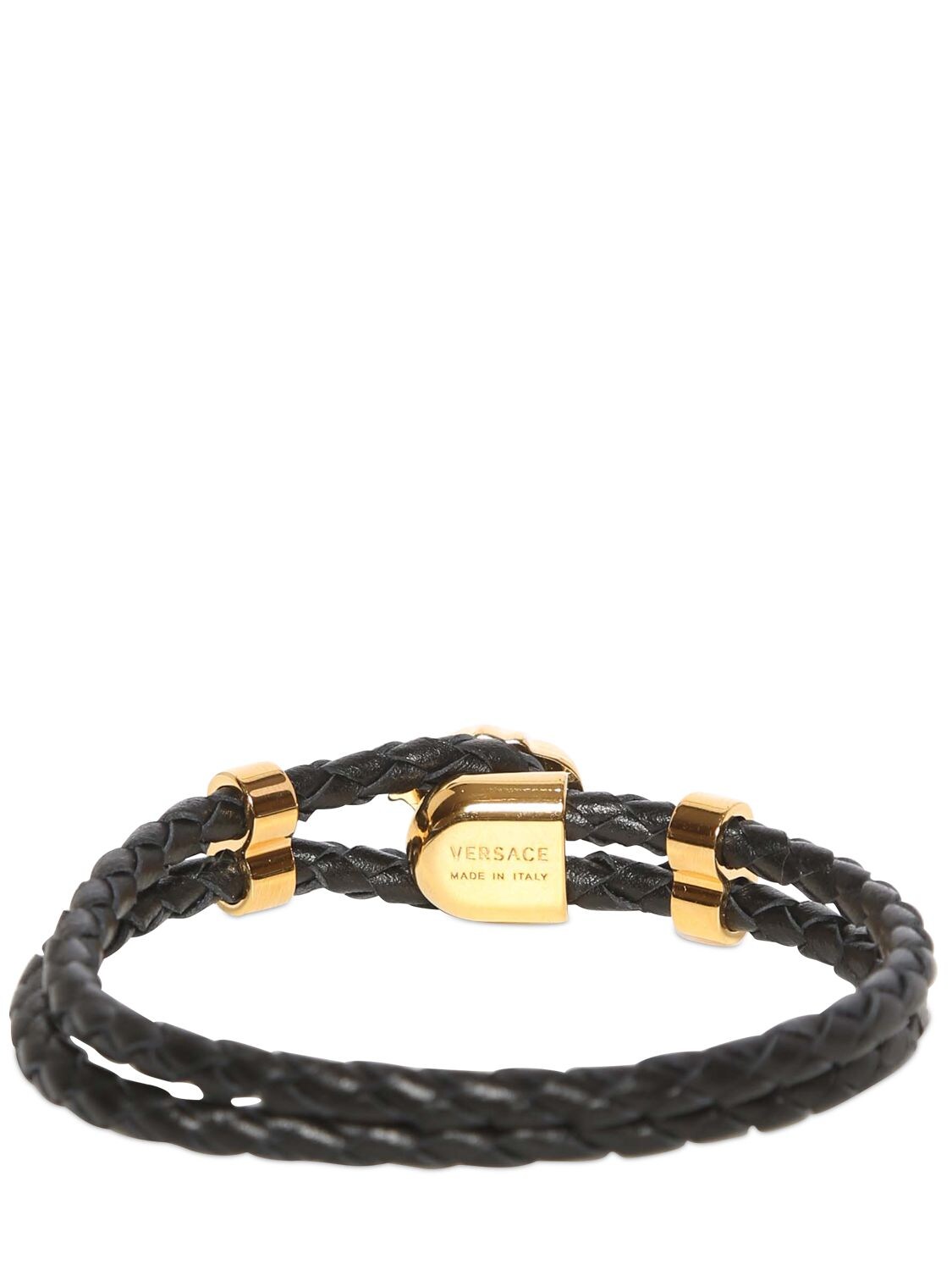 Shop Versace Medusa Logo Double Wire Leather Bracelet In Black,gold