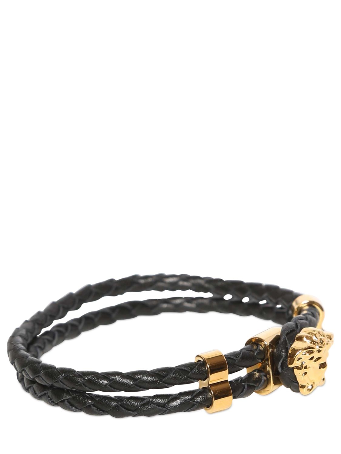 Shop Versace Medusa Logo Double Wire Leather Bracelet In Black,gold