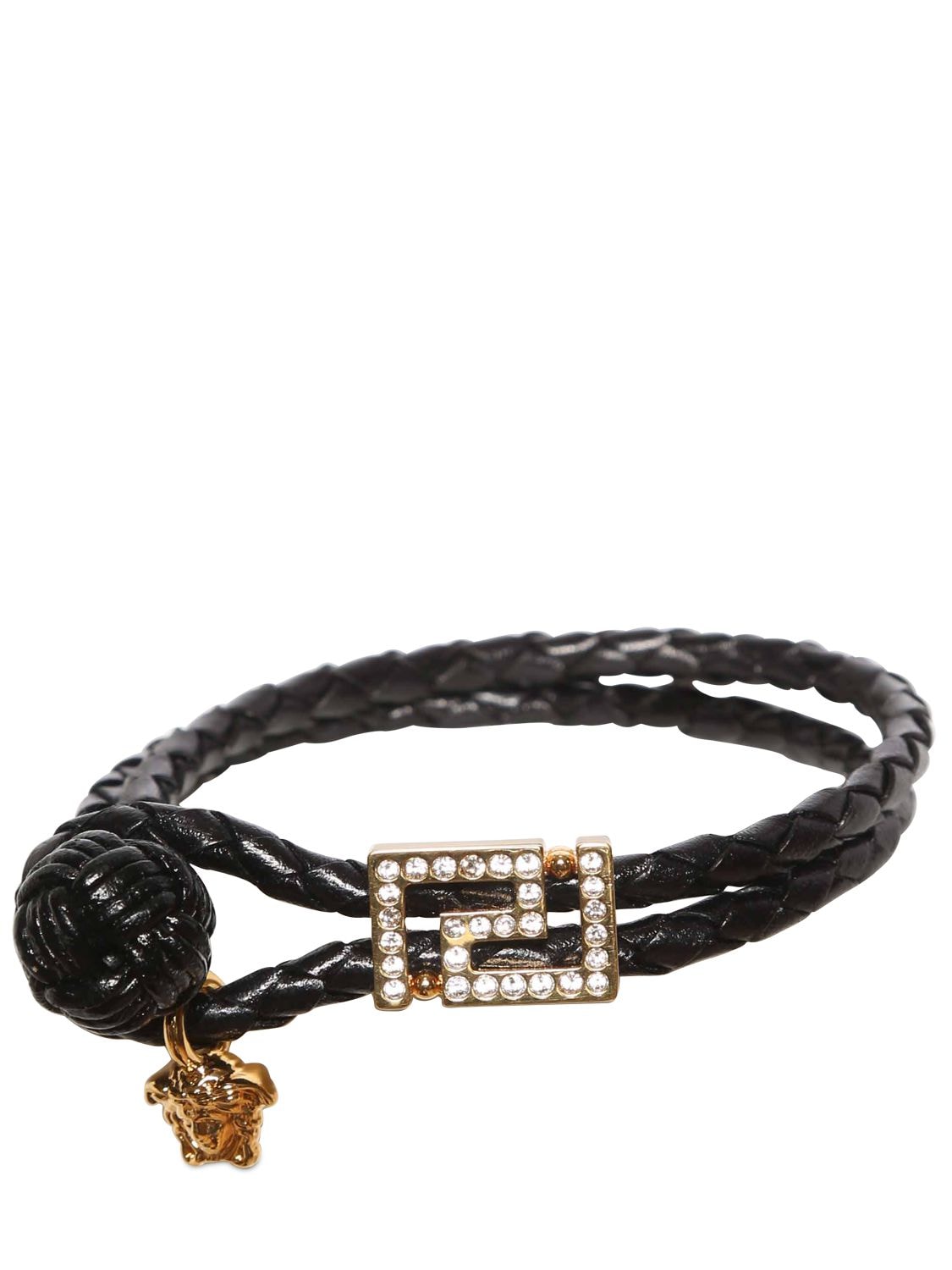 Versace Medusa & Greek Motif Leather Bracelet In Black,gold