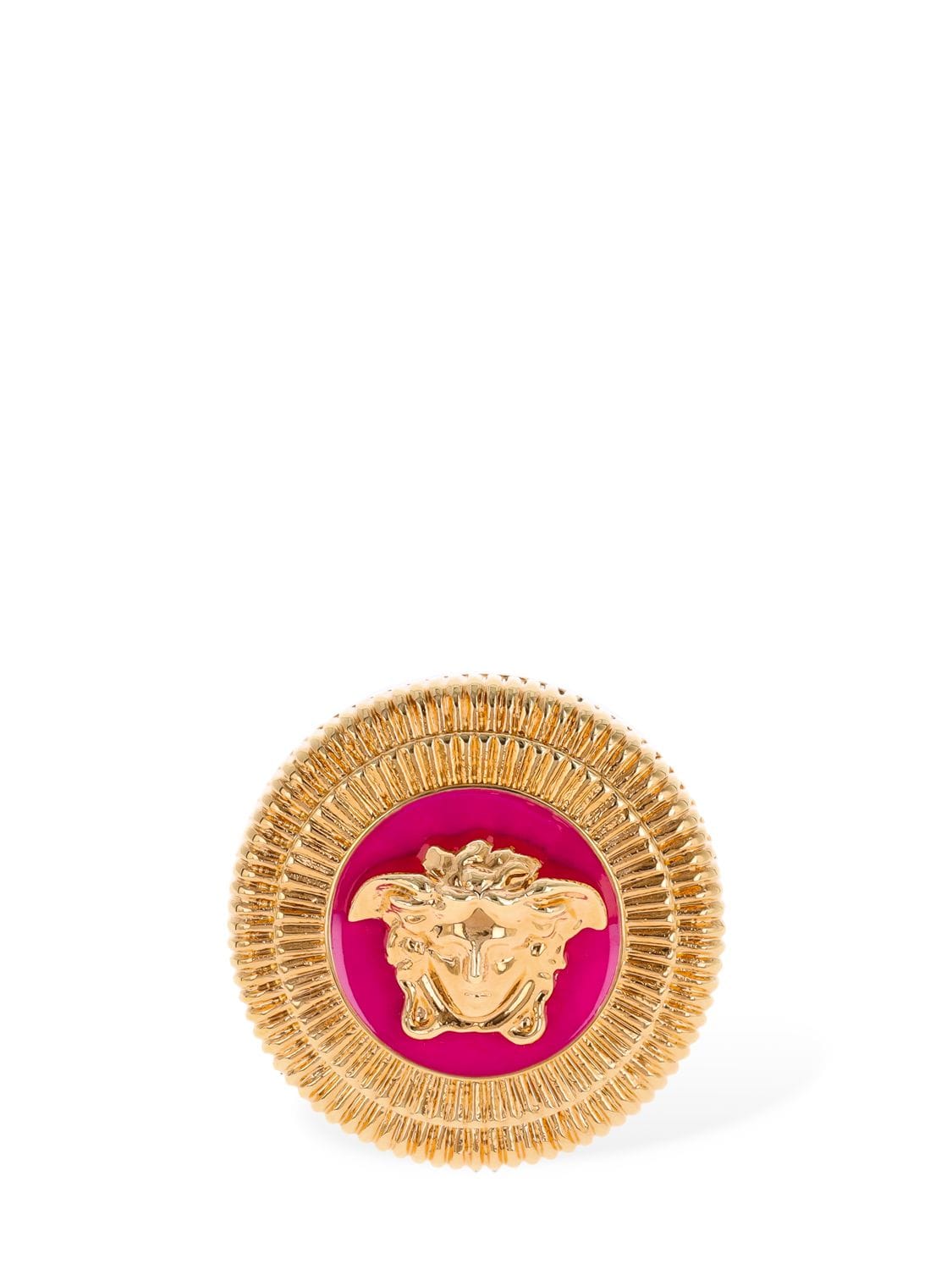 Shop Versace Medusa Enamel Thick Ring In Gold,cerise