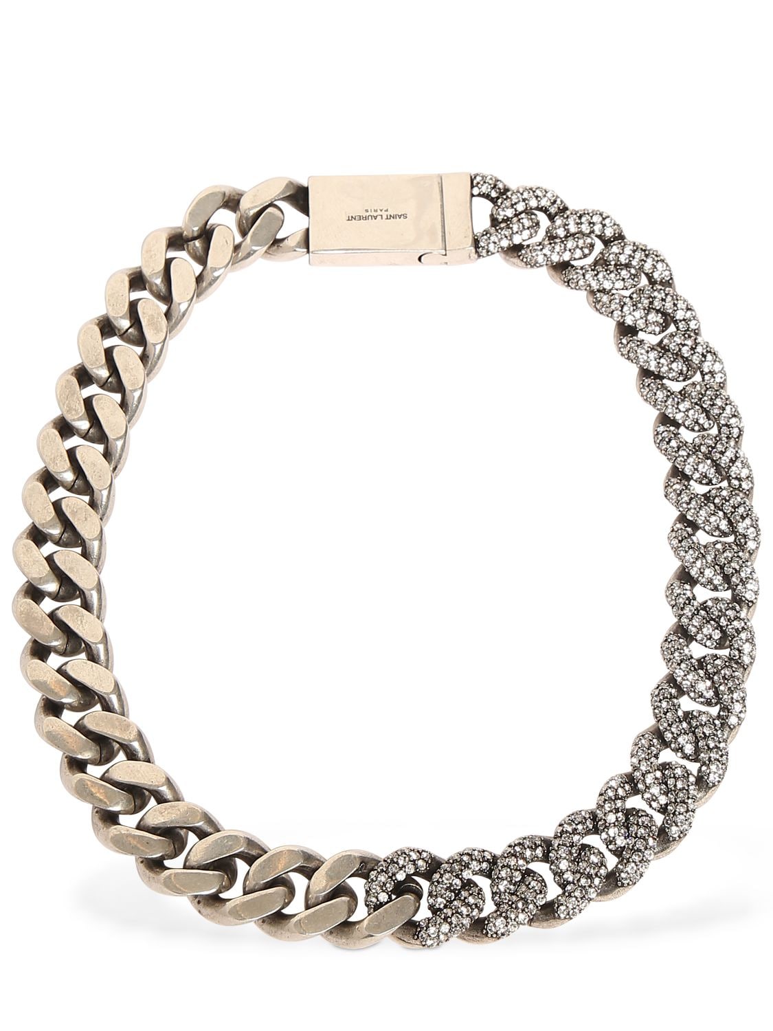 Shop Saint Laurent Embellished Curb Chain Short Necklace In Argent Oxy