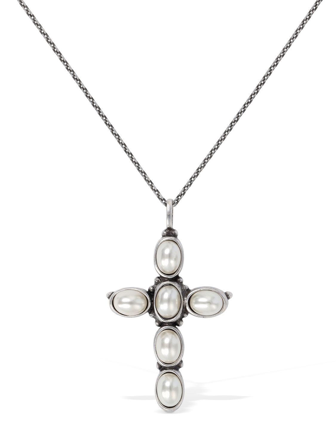 SAINT LAURENT Imitation Pearl Cross Charm Necklace