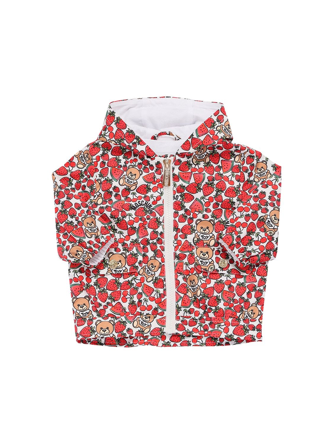 Moschino Kids' Printed Hooded Nylon Jacket In White,red