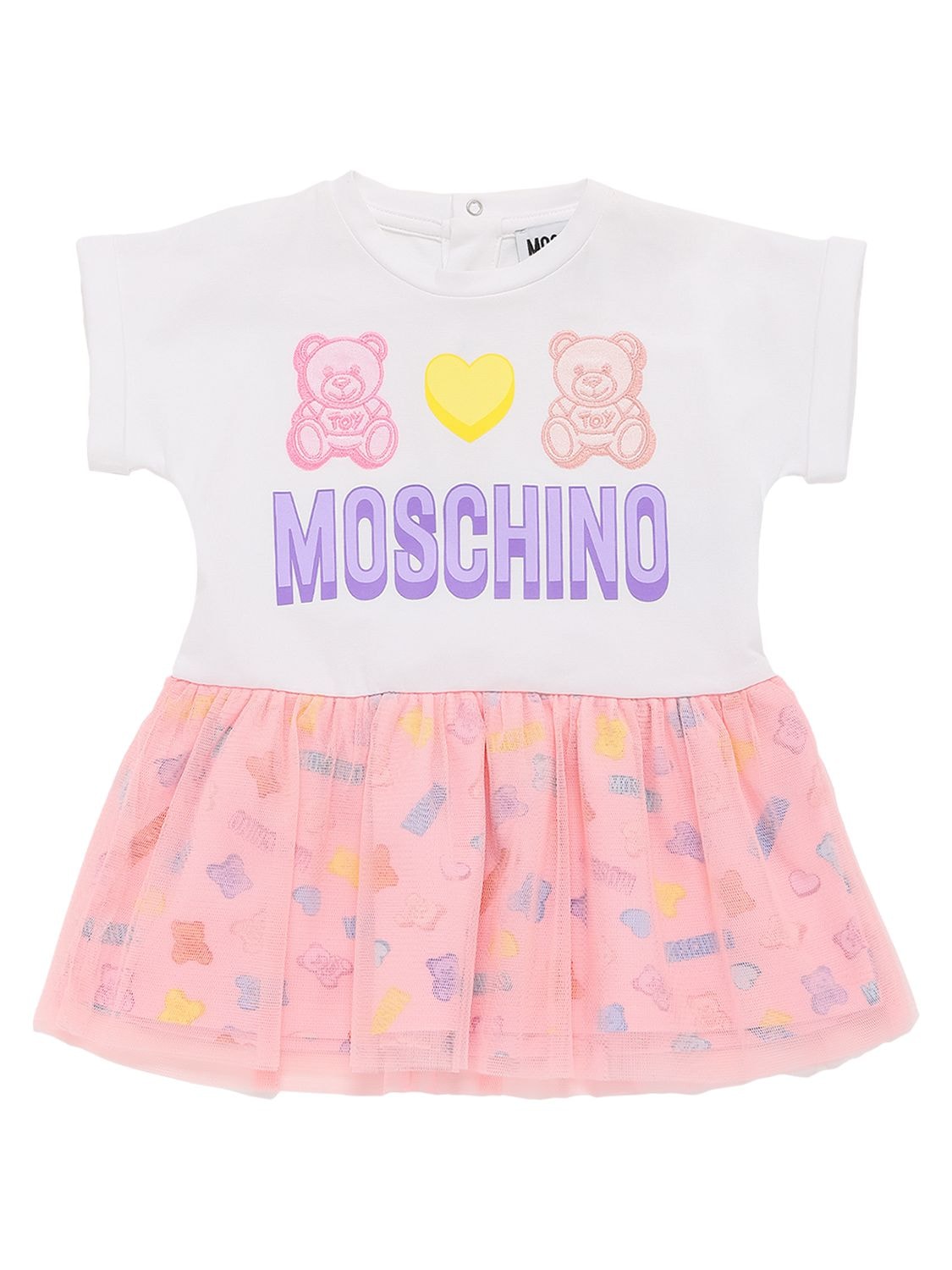 Moschino Kids' Gummy Bears Logo Cotton & Tulle Dress In White,pink