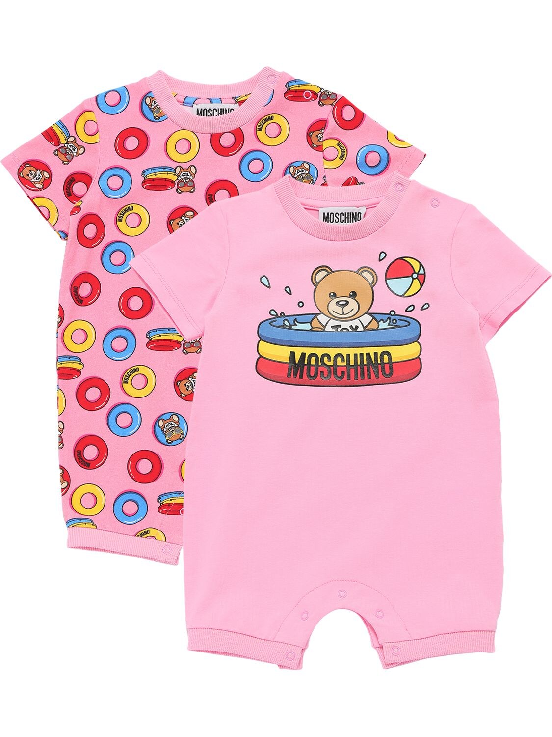 Moschino Babies' Set Of 2 Printed Cotton Jersey Rompers In Pink