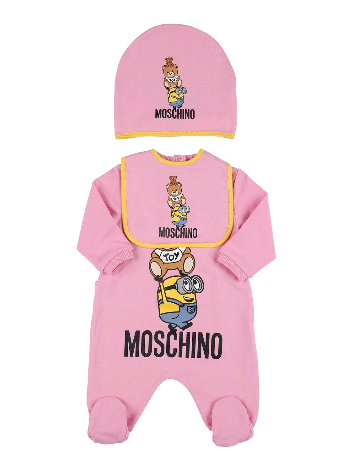 Moschino Babies' Minions Cotton Romper, Bib & Hat In Dark Pink