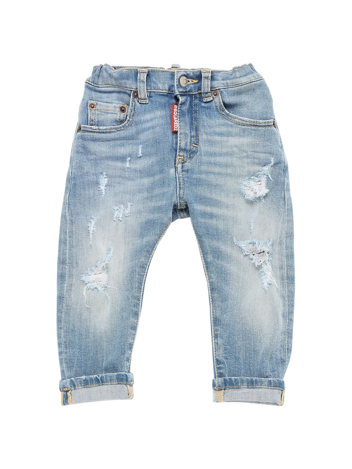 Distressed & Washed Cotton Denim Jeans