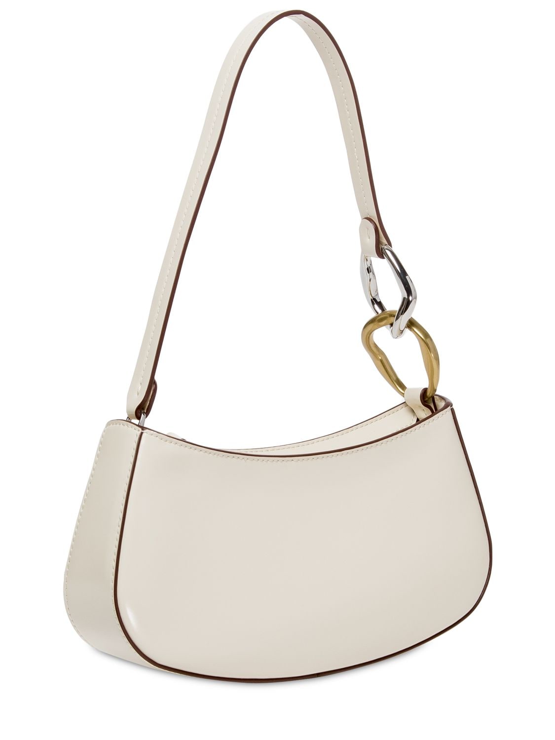 Shop Staud Ollie Polished Leather Top Handle Bag In Crema