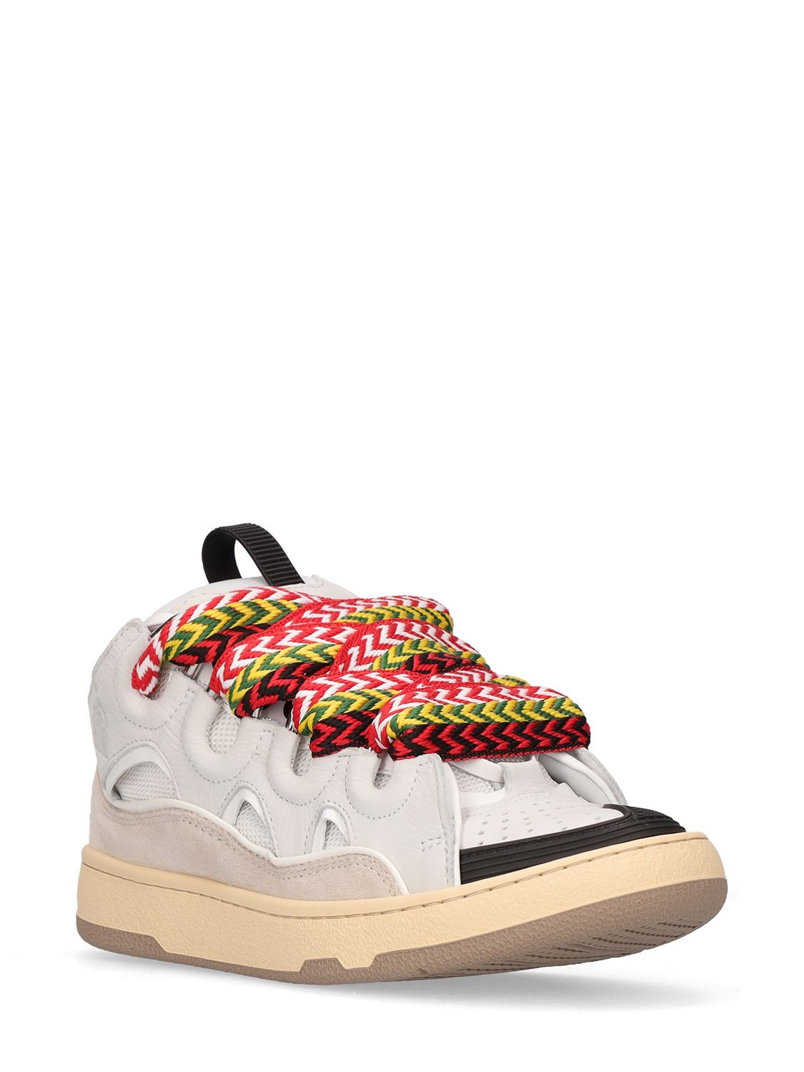 Shop Lanvin 30mm Curb Leather & Mesh Sneakers In White