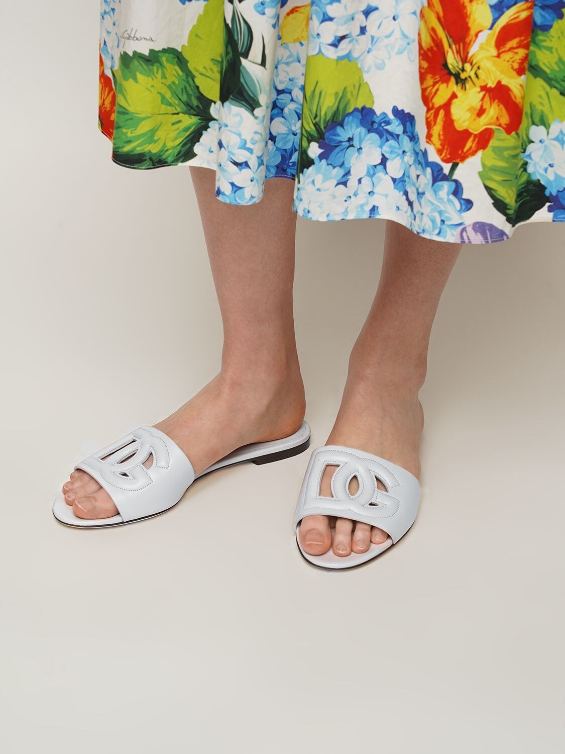Shop Dolce & Gabbana 10mm Bianca Leather Slide Sandals In White