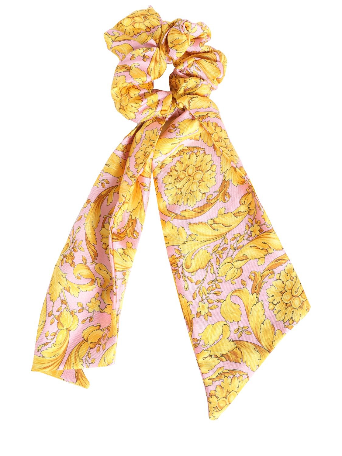 Shop Versace Baroque Printed Silk Twill Scrunchie In Candy,gold