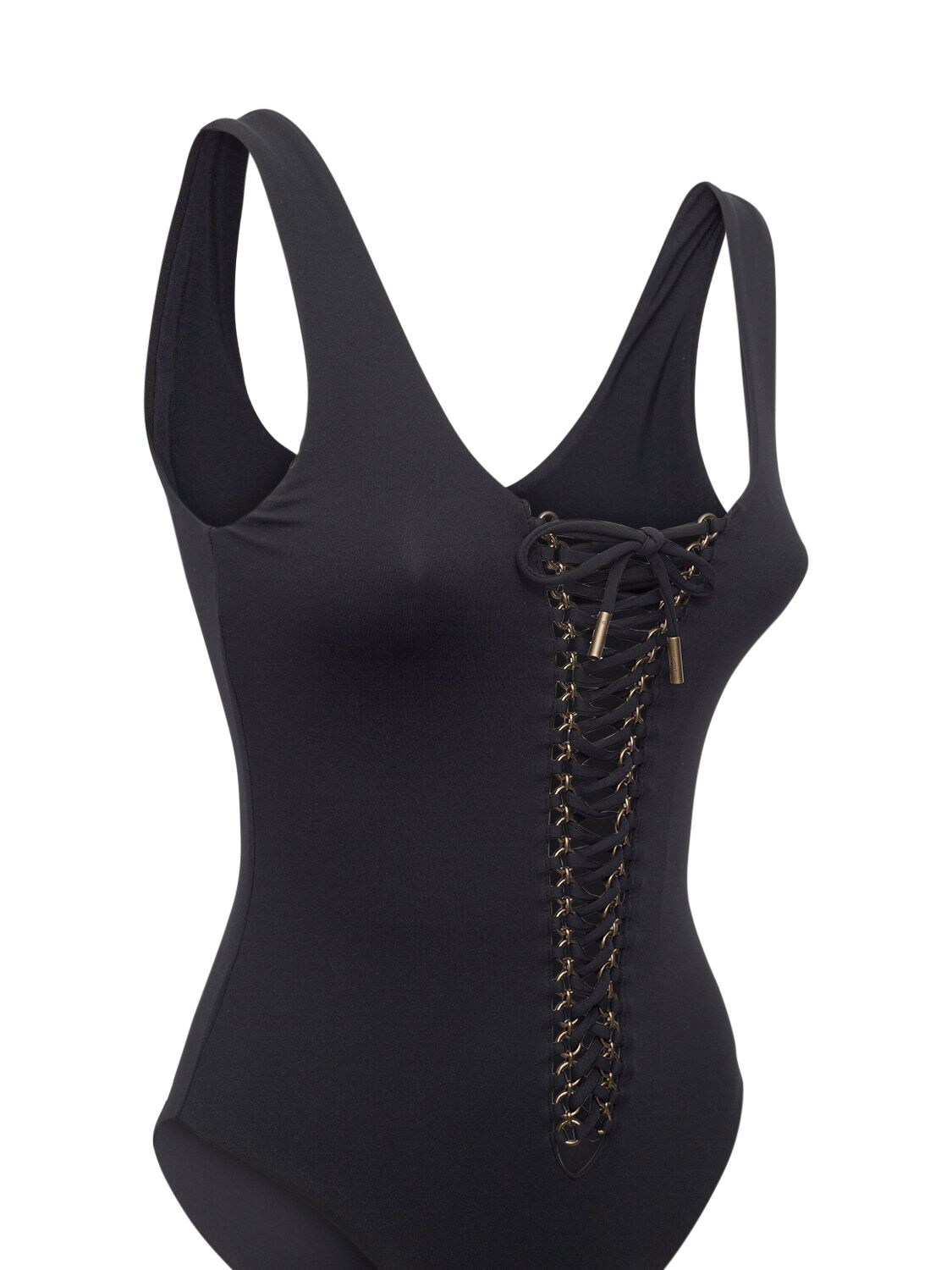 Shop Saint Laurent Stretch Lace-up One Piece Swimsuit In Noir