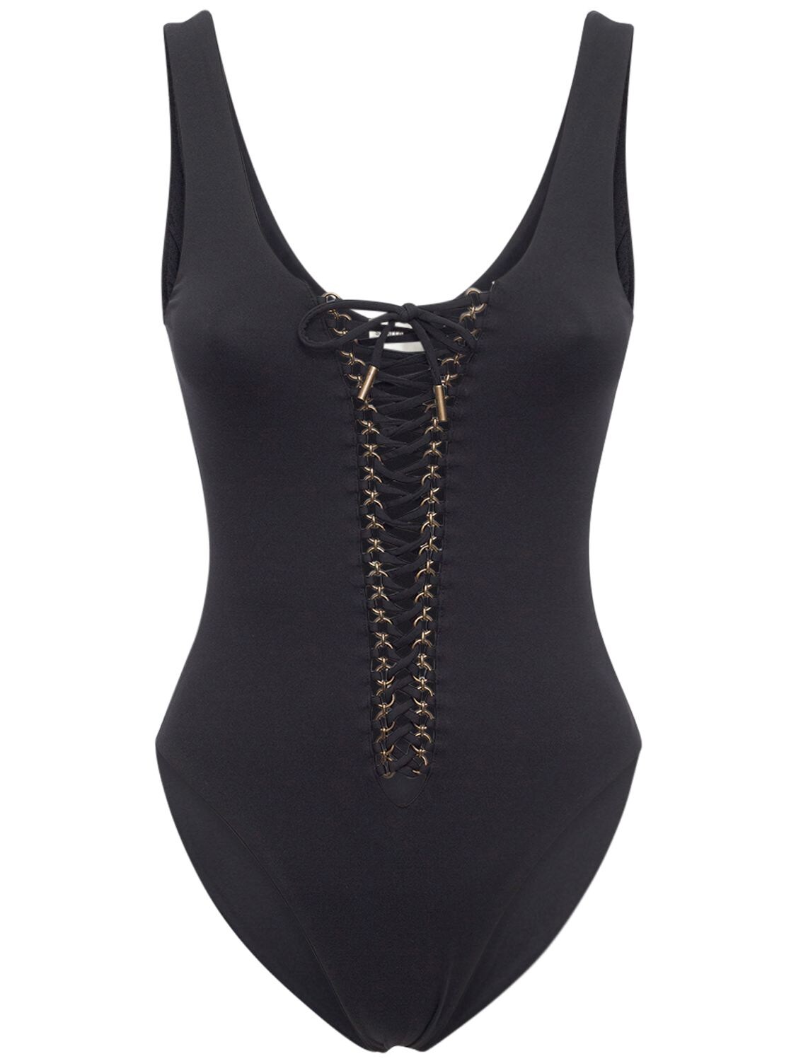 Shop Saint Laurent Stretch Lace-up One Piece Swimsuit In Noir