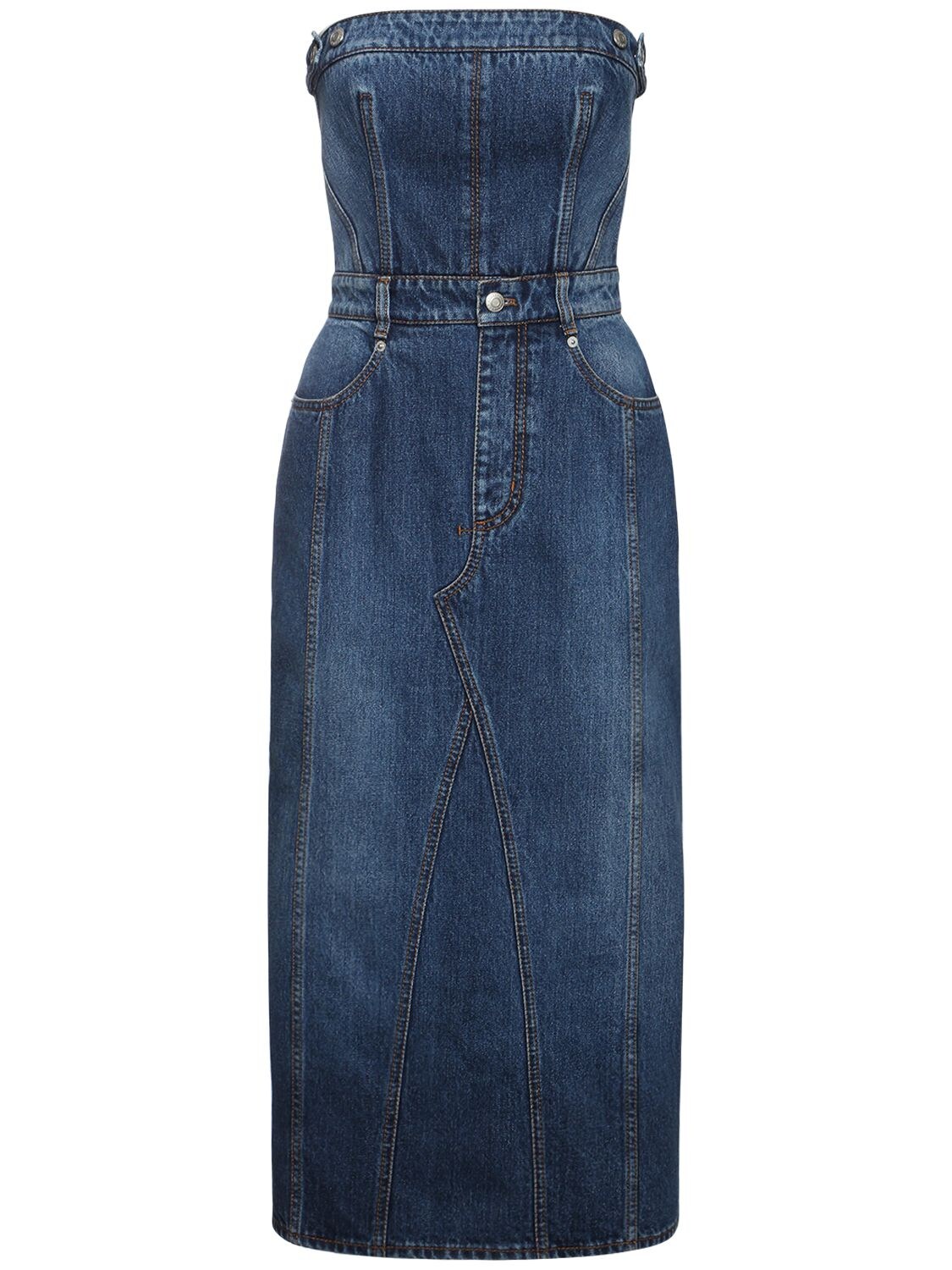 Cotton Denim Corset Pencil Midi Dress