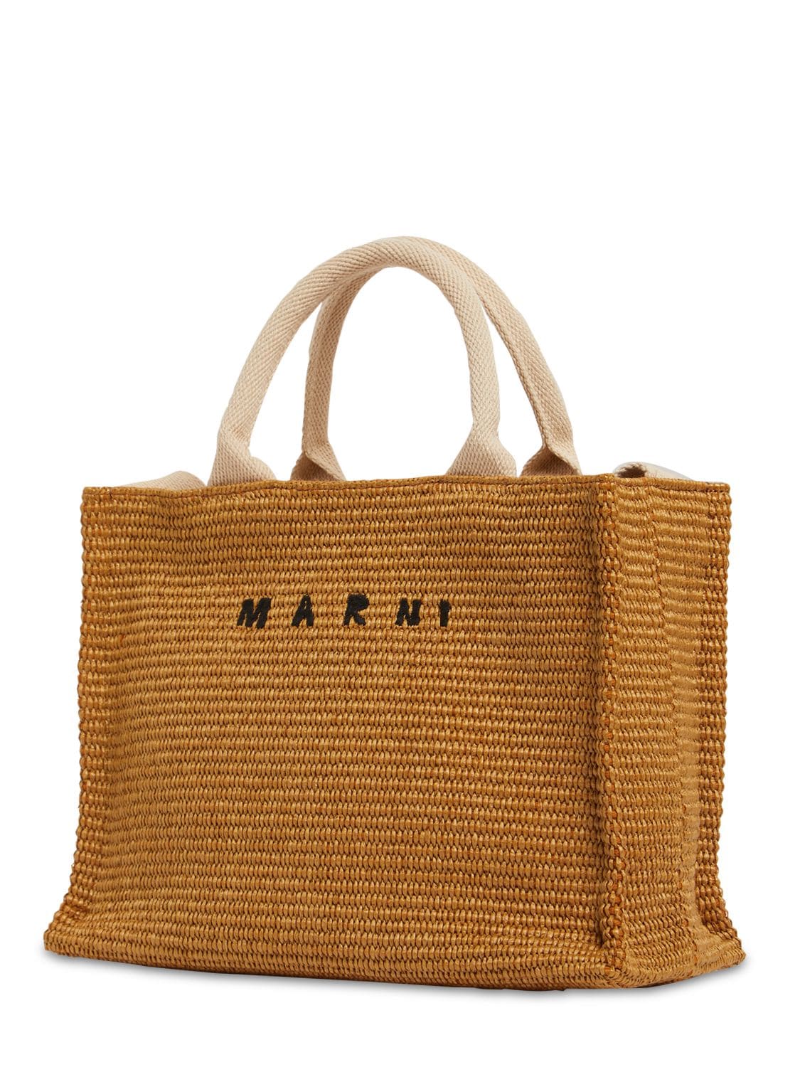 Shop Marni Small Logo Raffia Effect Tote Bag In Raw Sienna