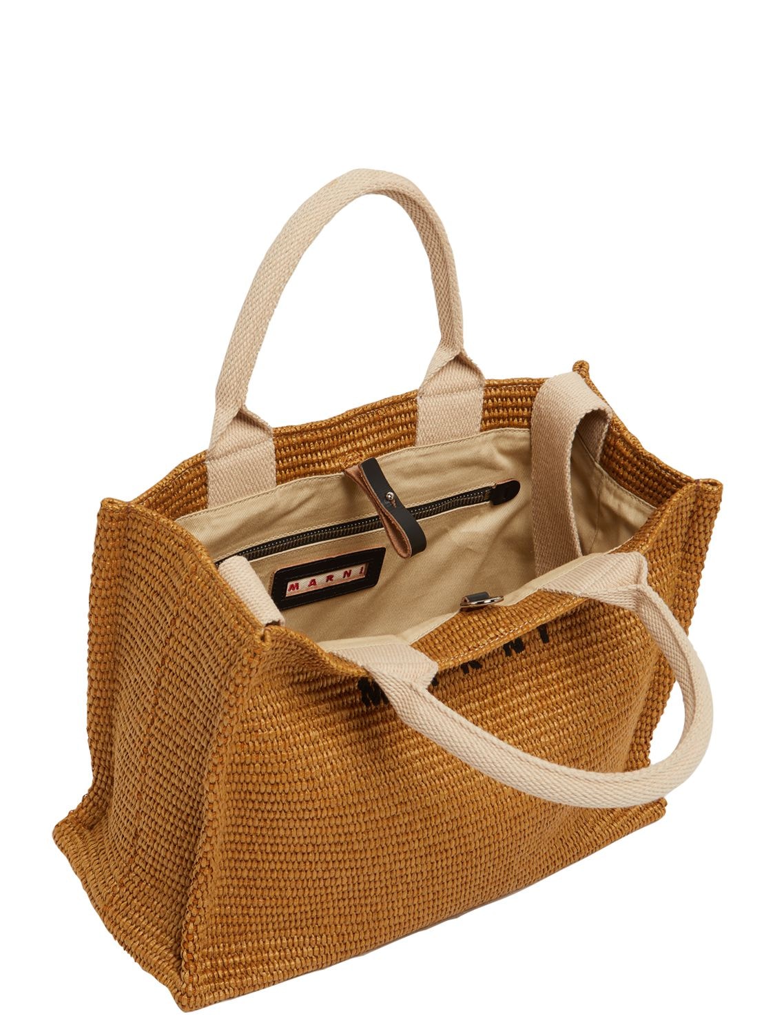 Shop Marni Small Logo Raffia Effect Tote Bag In Raw Sienna