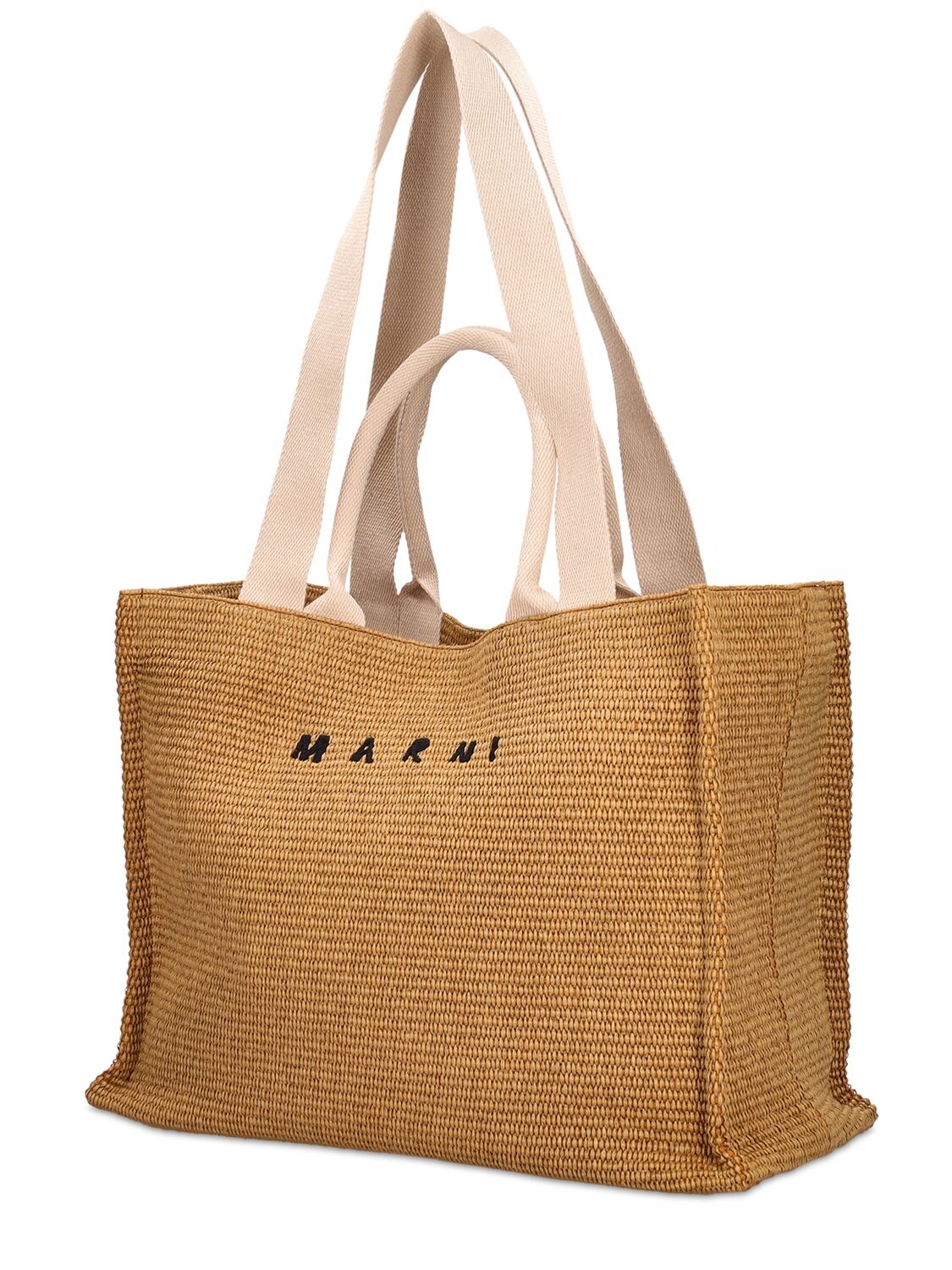 Shop Marni Large Logo Raffia Effect Tote Bag In Raw Sienna
