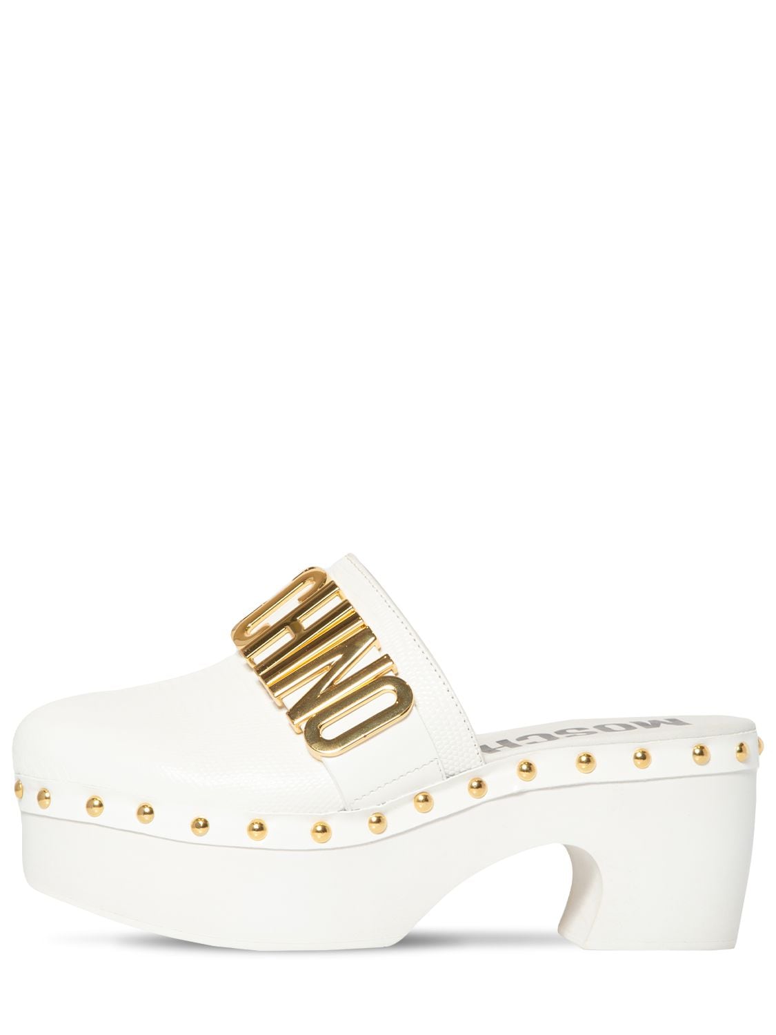 Moschino 70mm Embellished Leather Clogs In White