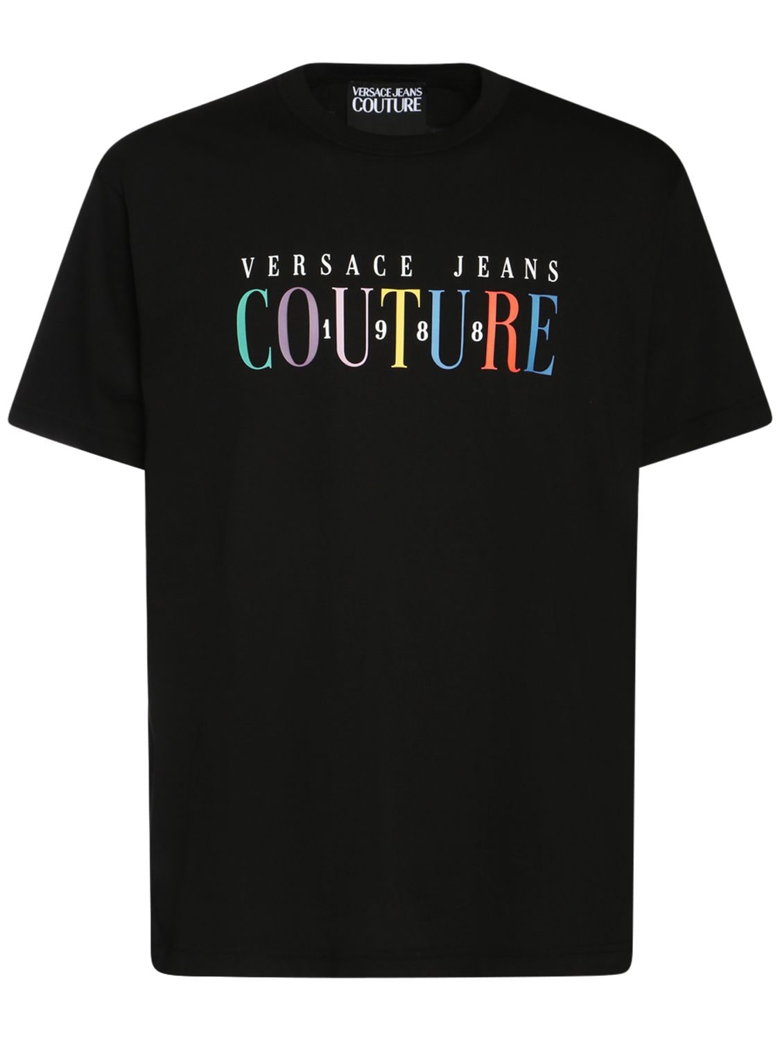 Versace Jeans Couture Rainbow Logo Cotton Jersey T-shirt In Black,rainbow