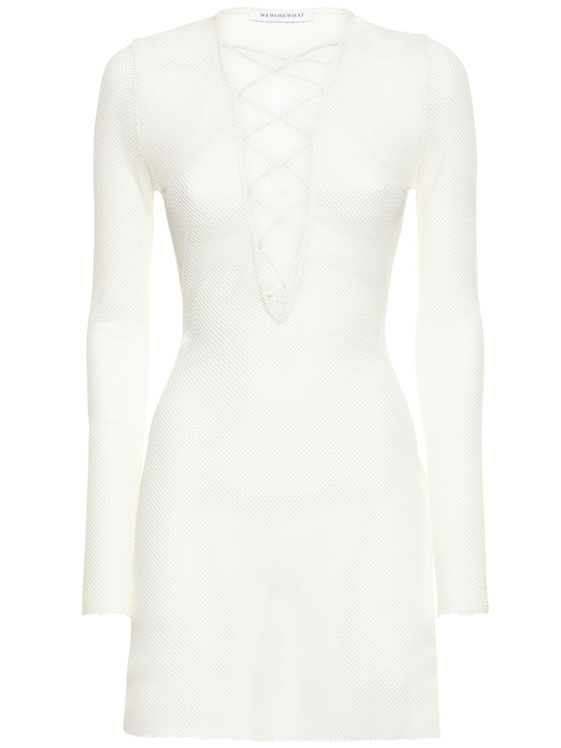 Weworewhat V Neck Lace-up Net Mini Dress In White | ModeSens