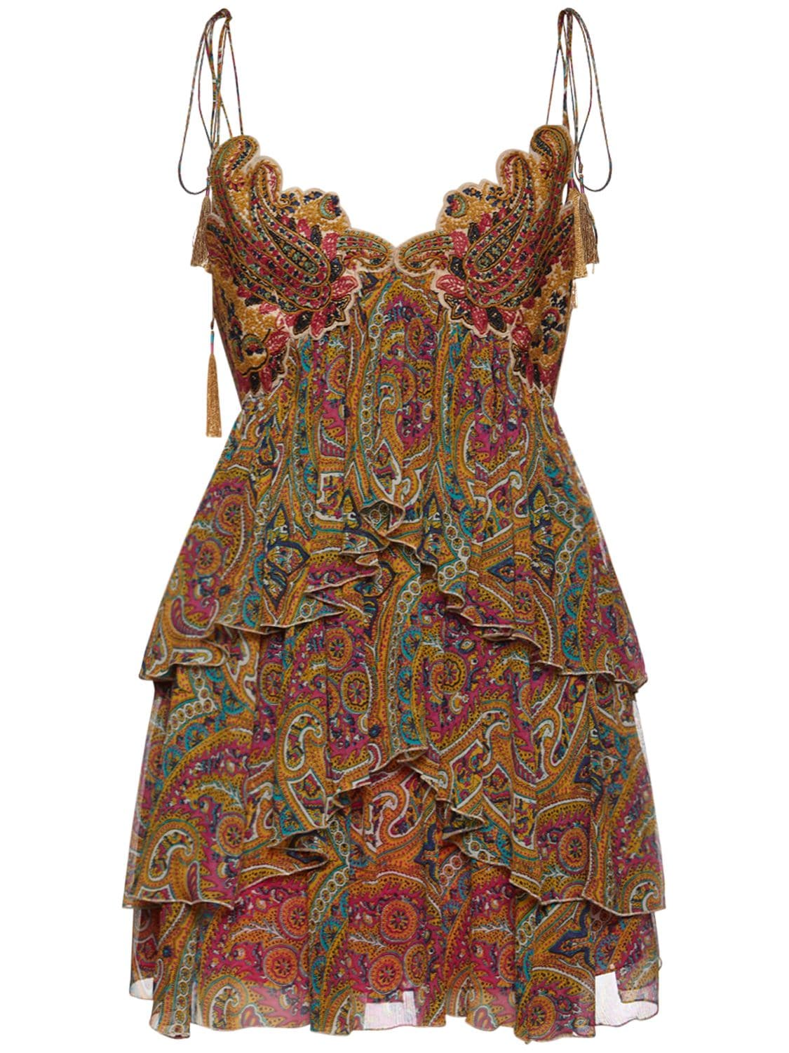 Etro Paisley-print Tiered Crinkle-silk Embroidered Mini Dress In Yellow ...
