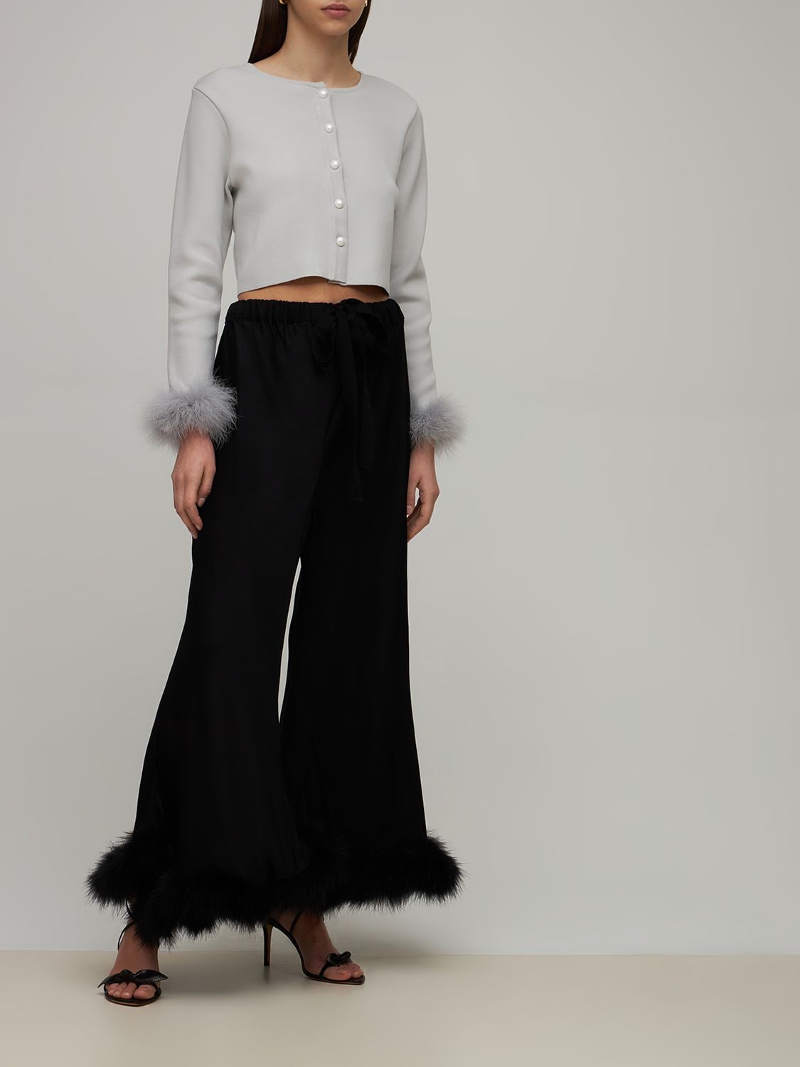 Sleeper Boudoir Feather Trim Flared Trousers In Black