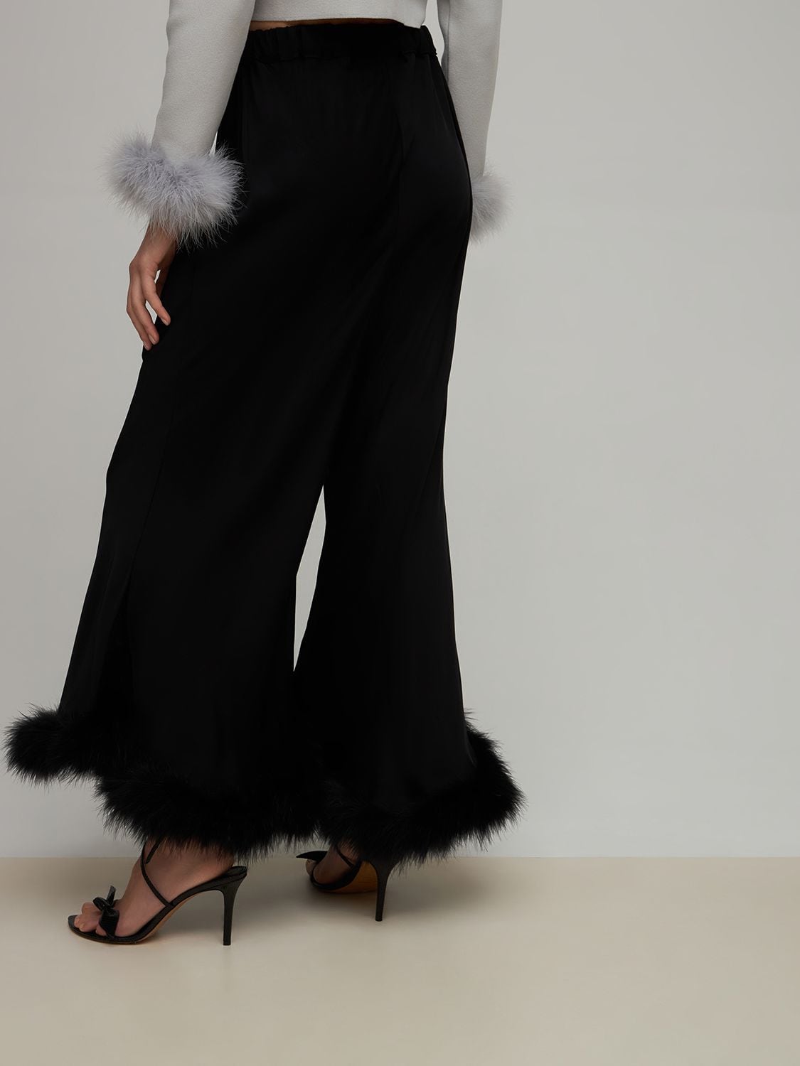 Sleeper Boudoir Feather Trim Flared Trousers In Black