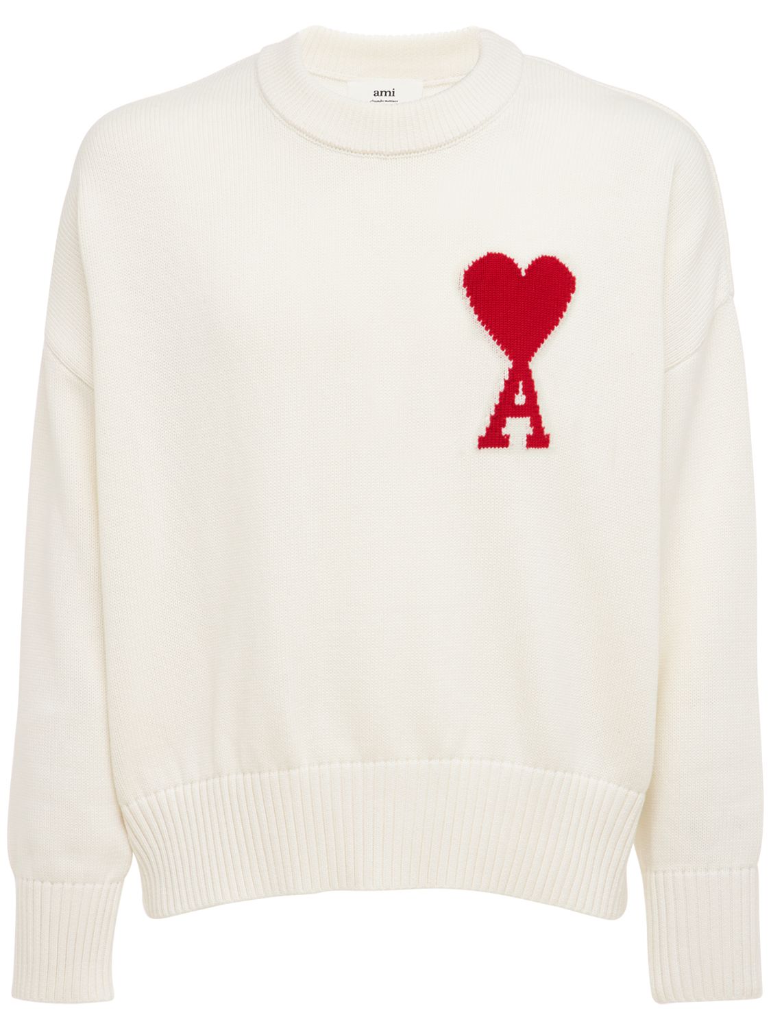 Ami Alexandre Mattiussi Logo Over Cotton & Wool Knit Sweater In White,red