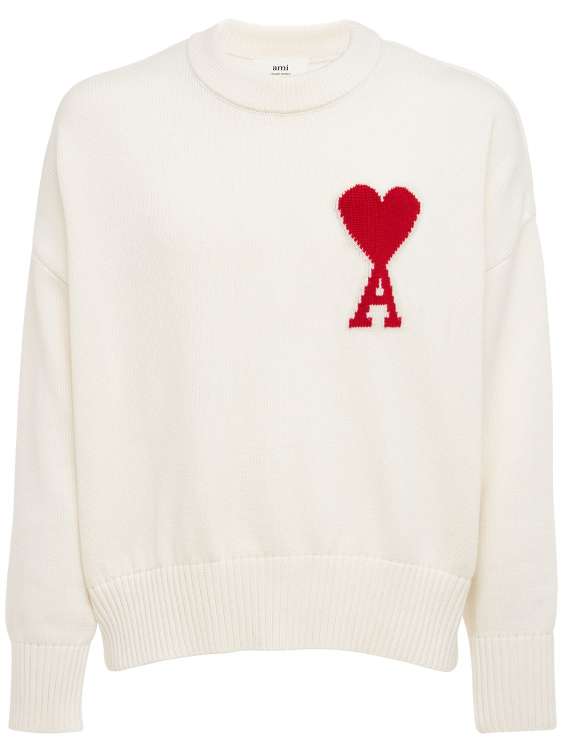 AMI ALEXANDRE MATTIUSSI LOGO OVER COTTON & WOOL KNIT SWEATER,73IDW1037-MTAY0