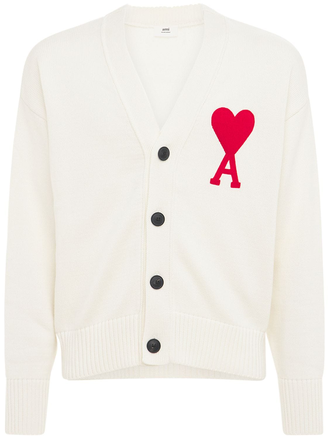 Ami Alexandre Mattiussi Logo Over Cotton & Wool Knit Cardigan In White,red