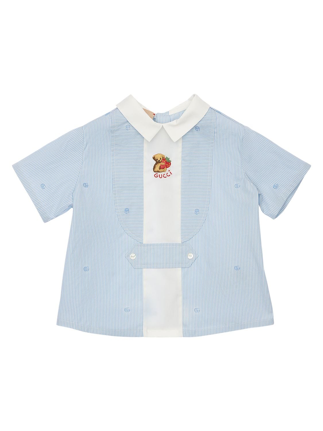 Gucci Kids' Embroidered Striped Cotton Shirt In Light Blue