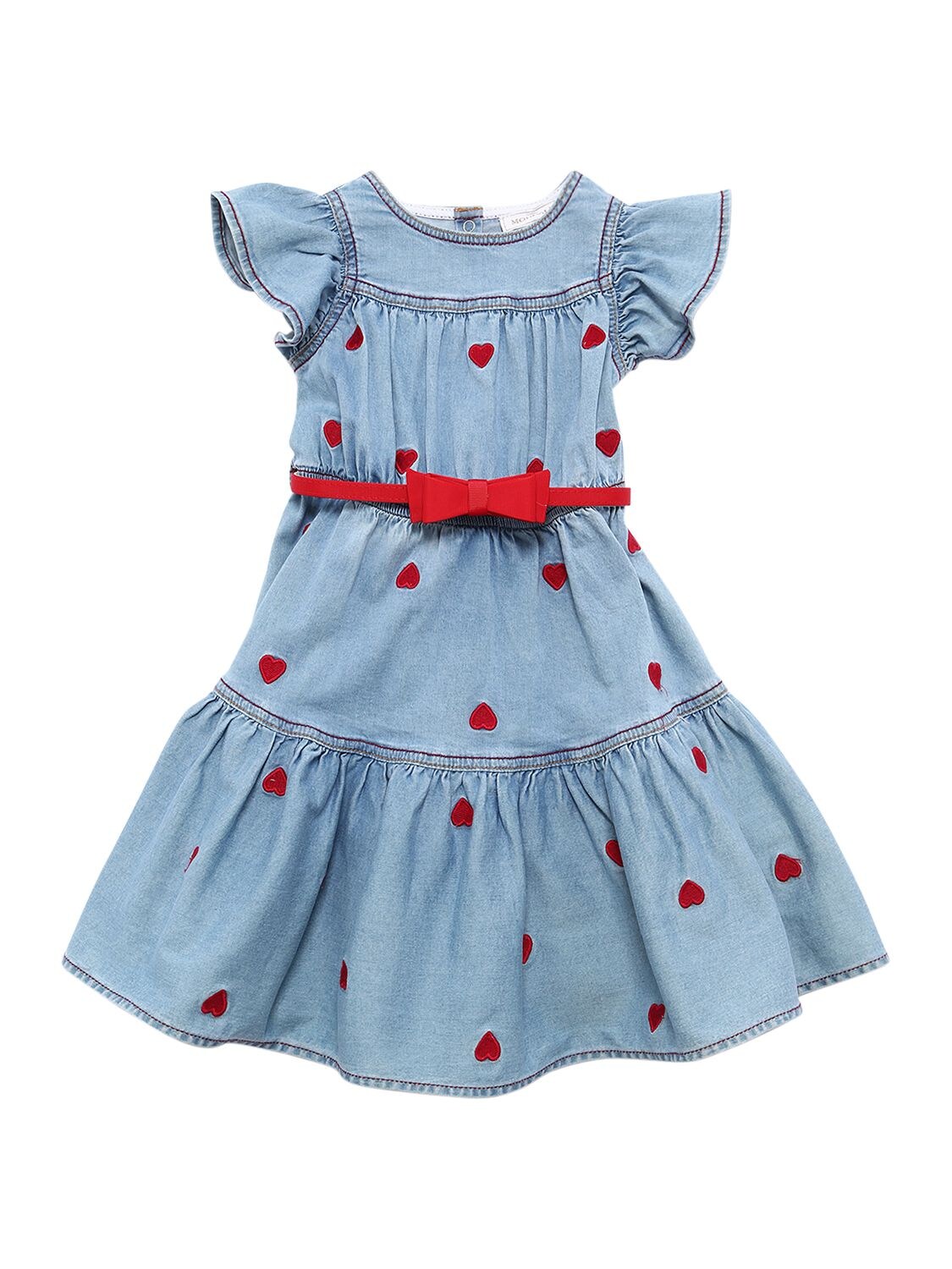 Monnalisa Kids' Embroidered Chambray Cotton Dress W/belt In Blue | ModeSens