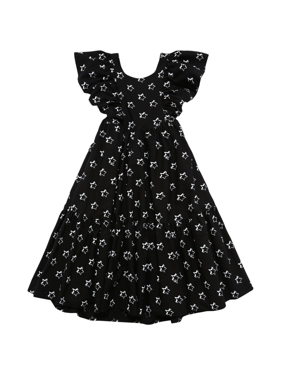 Monnalisa Kids' Star Printed Cotton Poplin Long Dress In Black