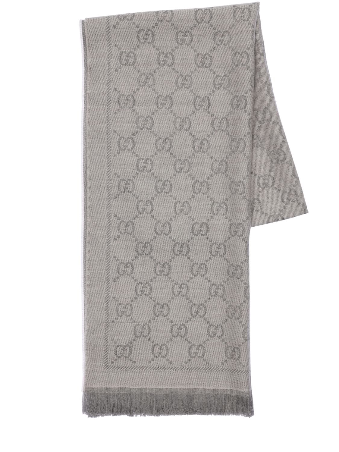 Shop Gucci Gg Wool Jacquard Scarf In Silver