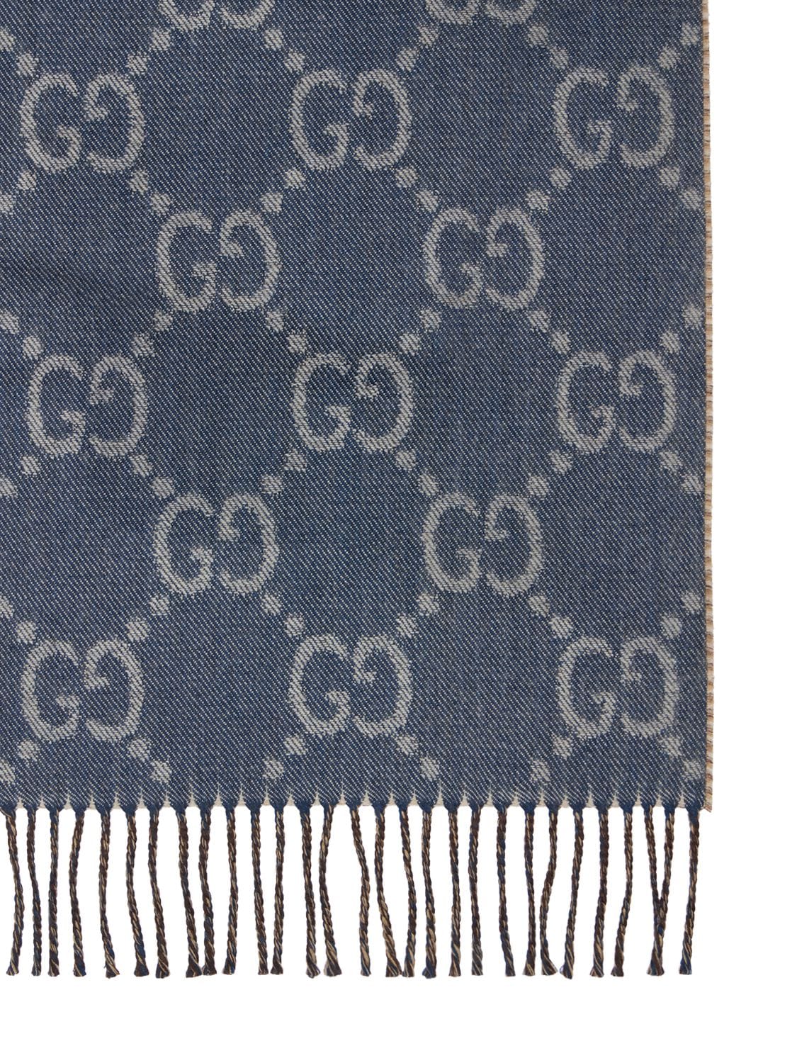 Shop Gucci Gg Jacquard Wool Knit Scarf W/tassels In Navy,lightblue