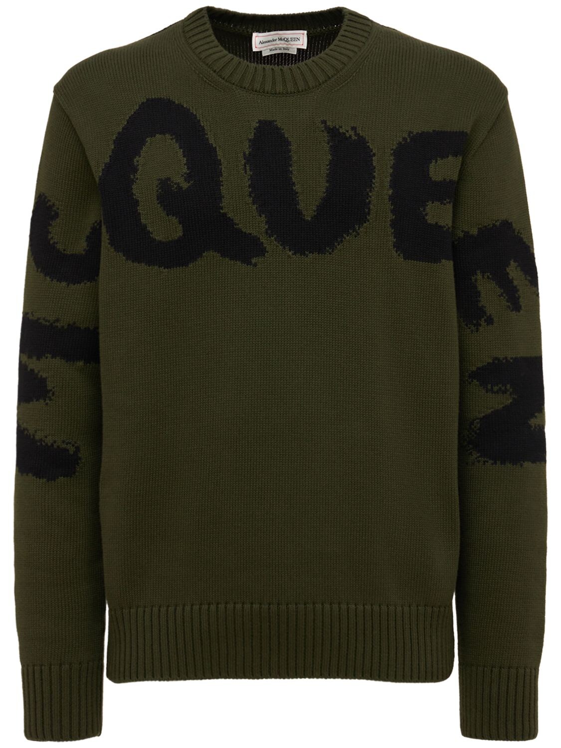 Alexander McQueen - Logo intarsia cotton crewneck sweater - Khaki |  Luisaviaroma