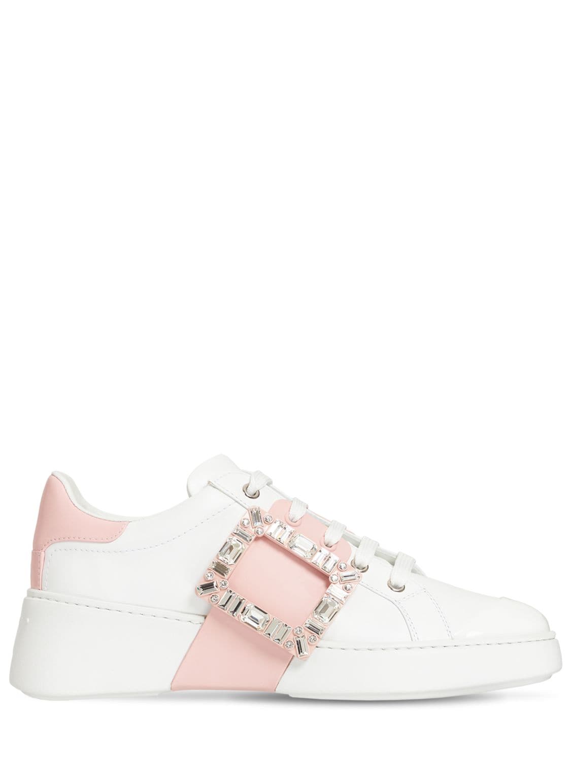 Shop Roger Vivier 40mm Viv Skate Leather Sneakers In White,pink