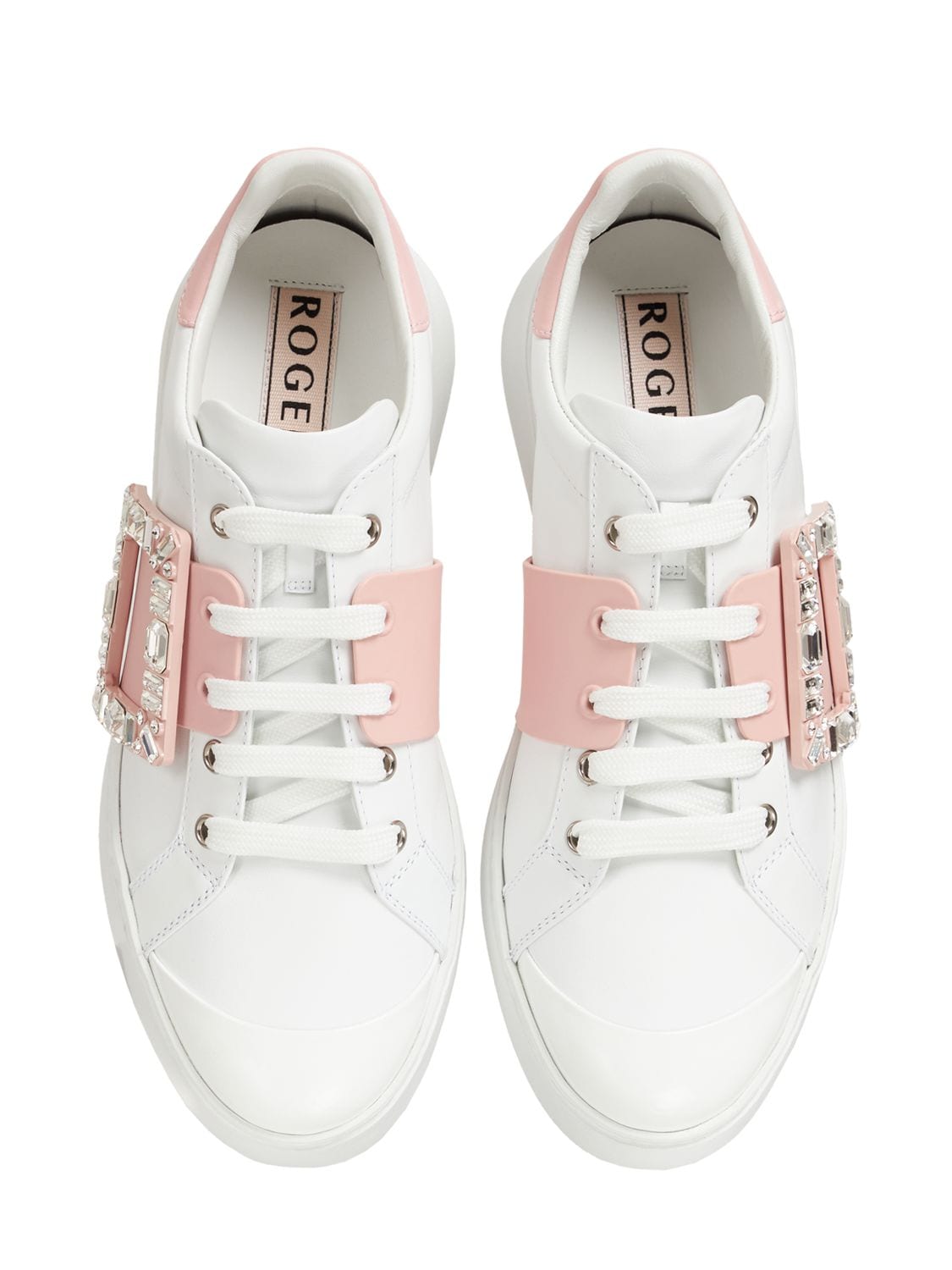 Shop Roger Vivier 40mm Viv Skate Leather Sneakers In White,pink