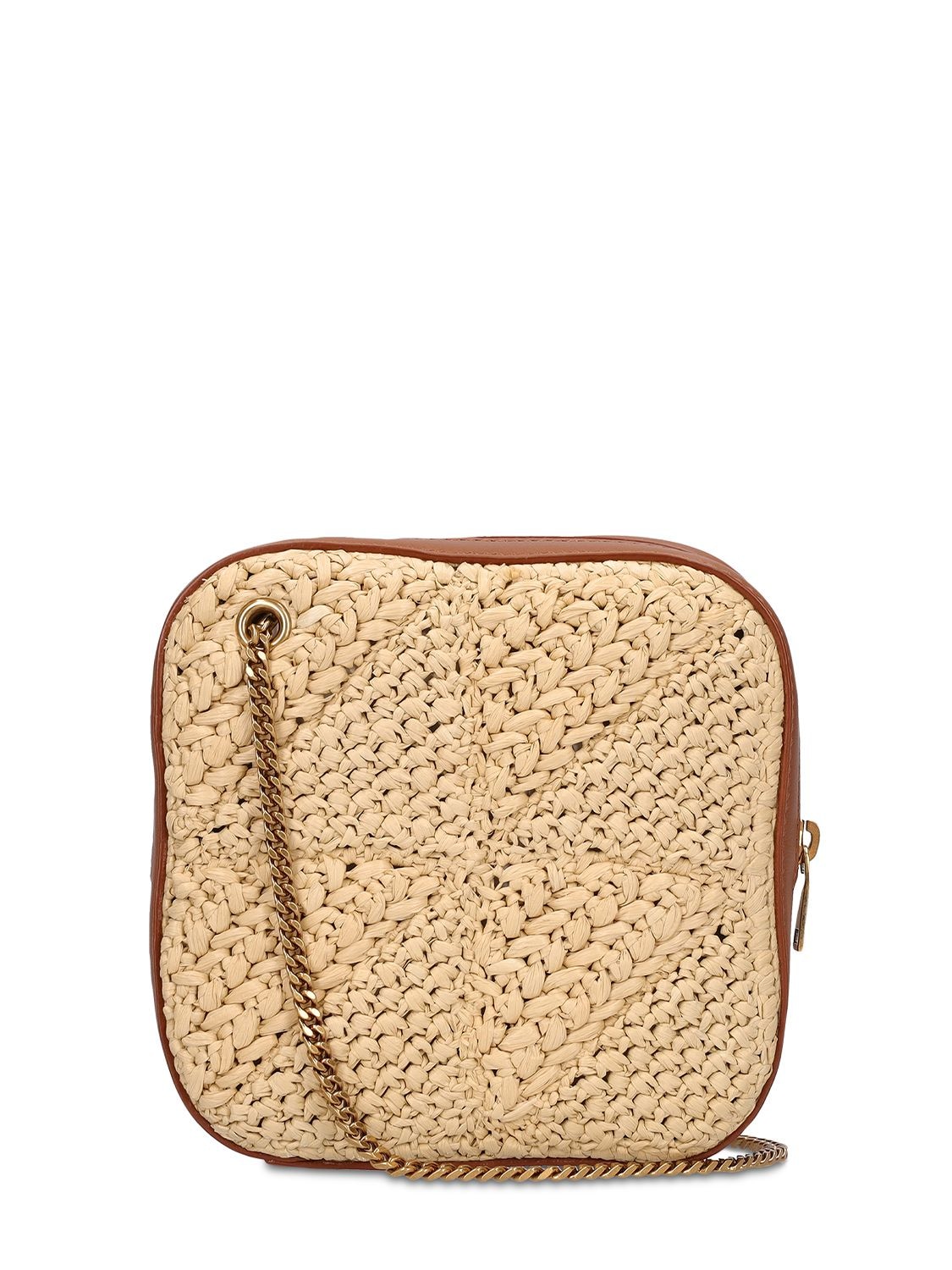 Saint Laurent Jamie Mini Cube Raffia Crossbody Bag In Nat Beige Brick