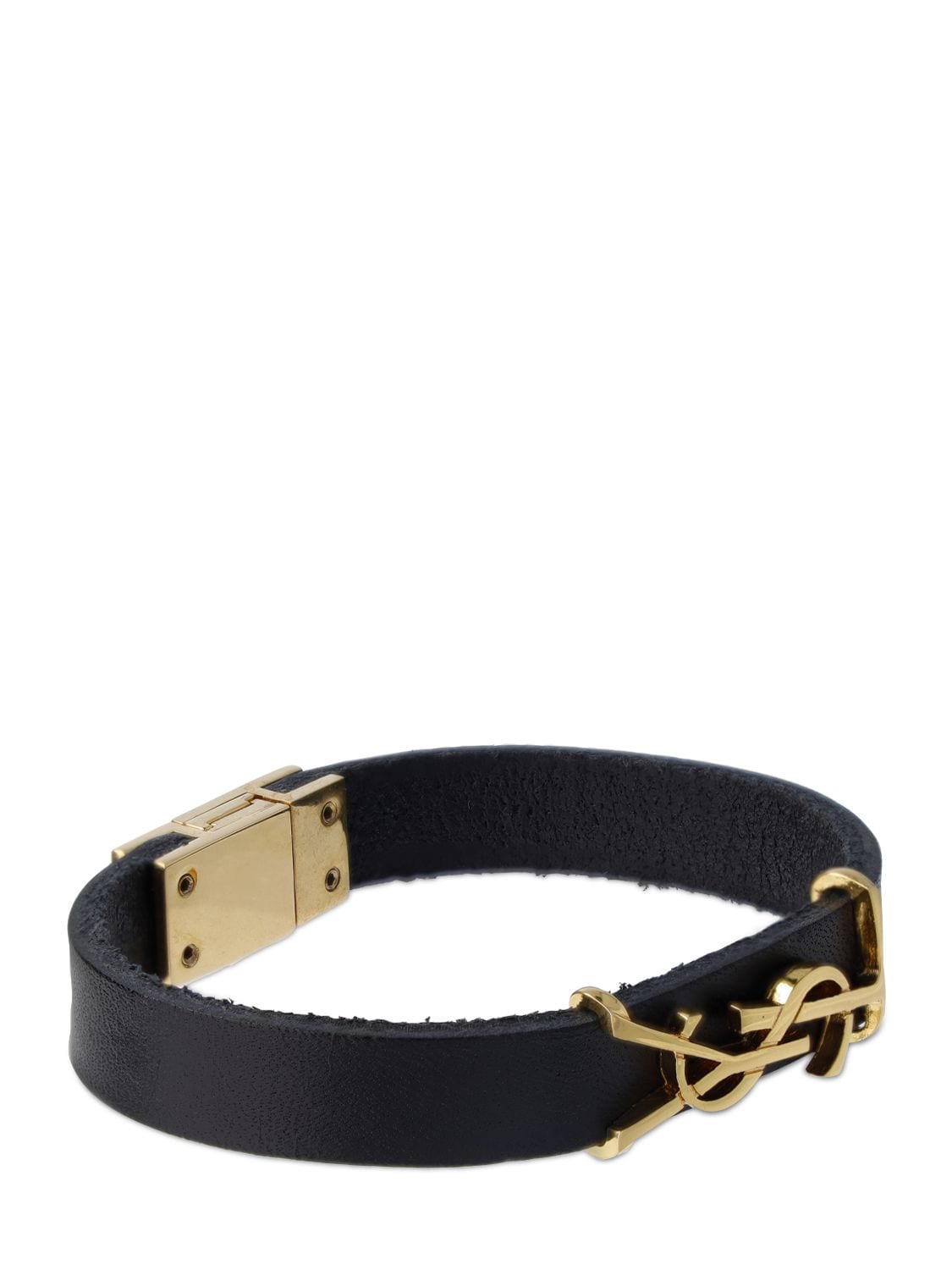 Shop Saint Laurent Ysl Leather Bracelet In Black