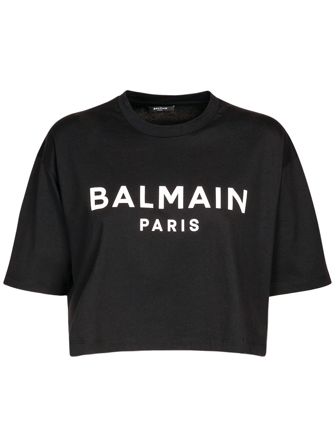 Balmain Logo Print Cropped Cotton Jersey T-shirt In Schwarz,weiss