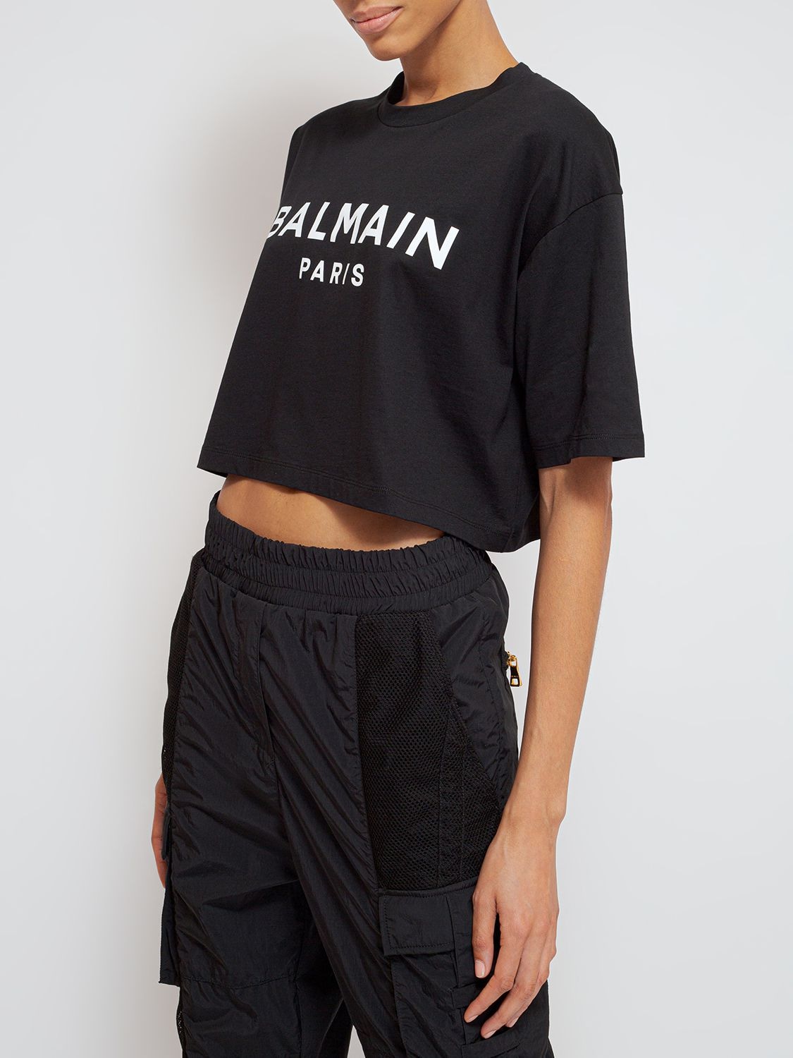 Shop Balmain Logo Print Cropped Cotton Jersey T-shirt In Schwarz,weiss