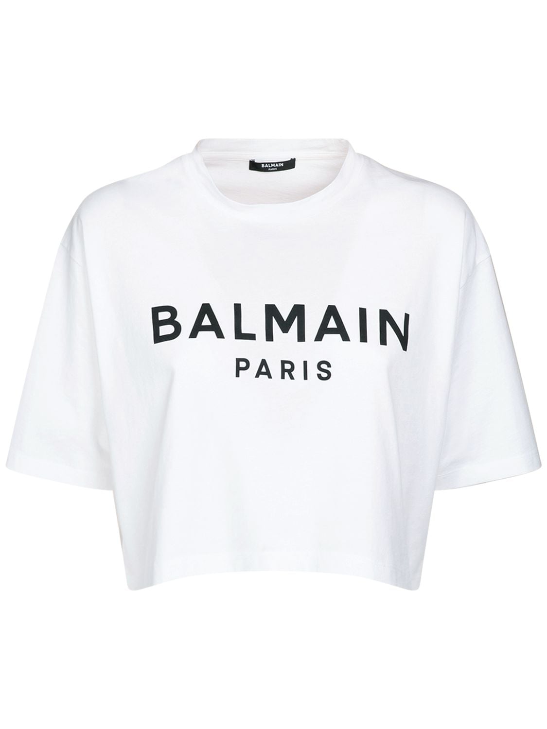 Balmain - Logo print cropped cotton jersey t-shirt - White/Black ...