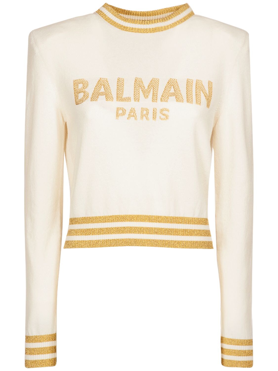 BALMAIN LOGO WOOL BLEND KNIT CROPPED SWEATER